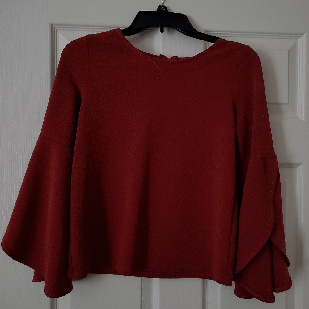 Long, open sleeve rust blouse